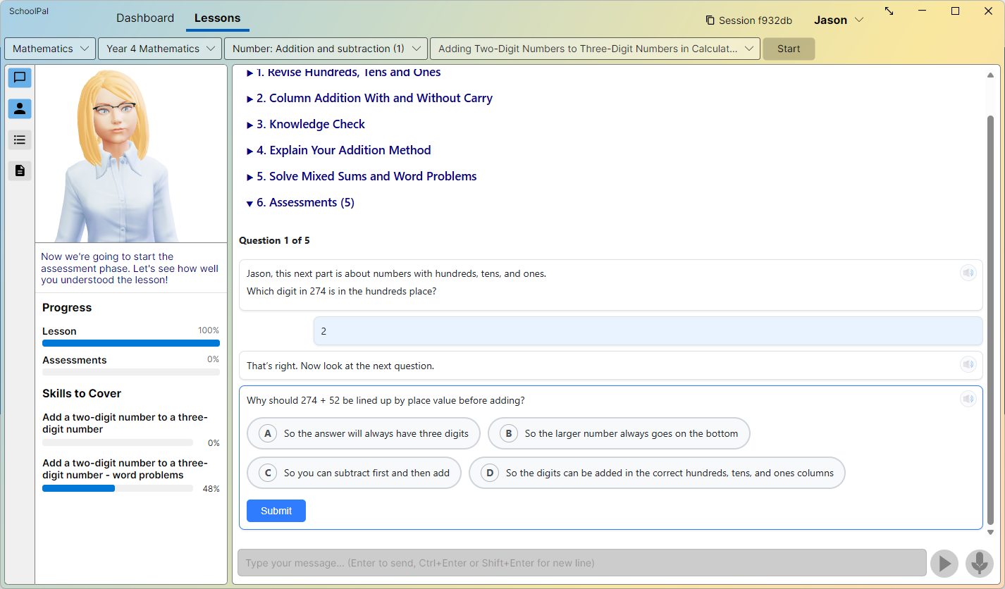 A mid-lesson knowledge check: a multiple-choice question with answer options, following a short question the child has just answered correctly with warm feedback.