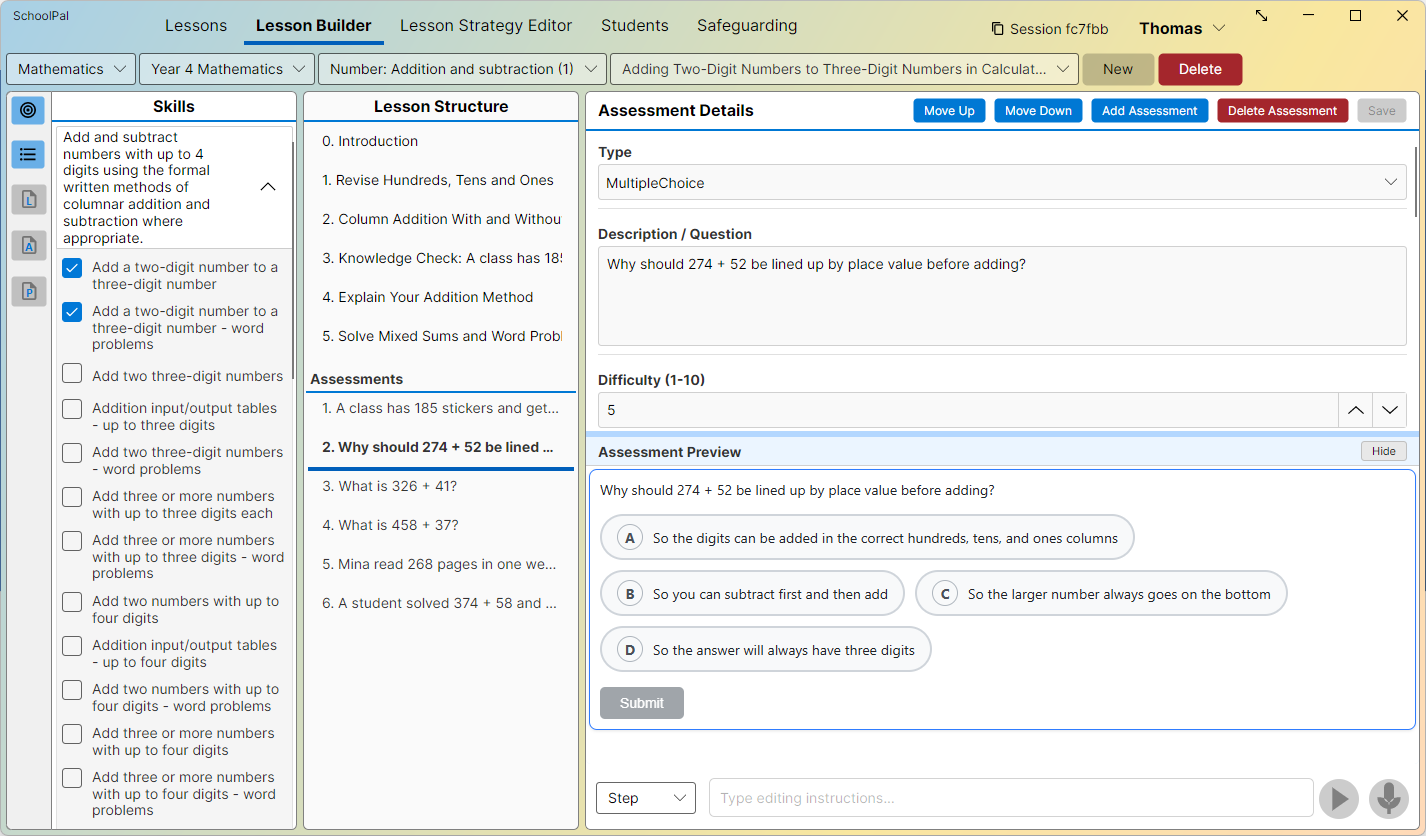 The teacher-facing Lesson Builder: a skills list on the left, the generated lesson structure of steps and assessments in the middle, and an editor on the right for refining an assessment, with a live preview.