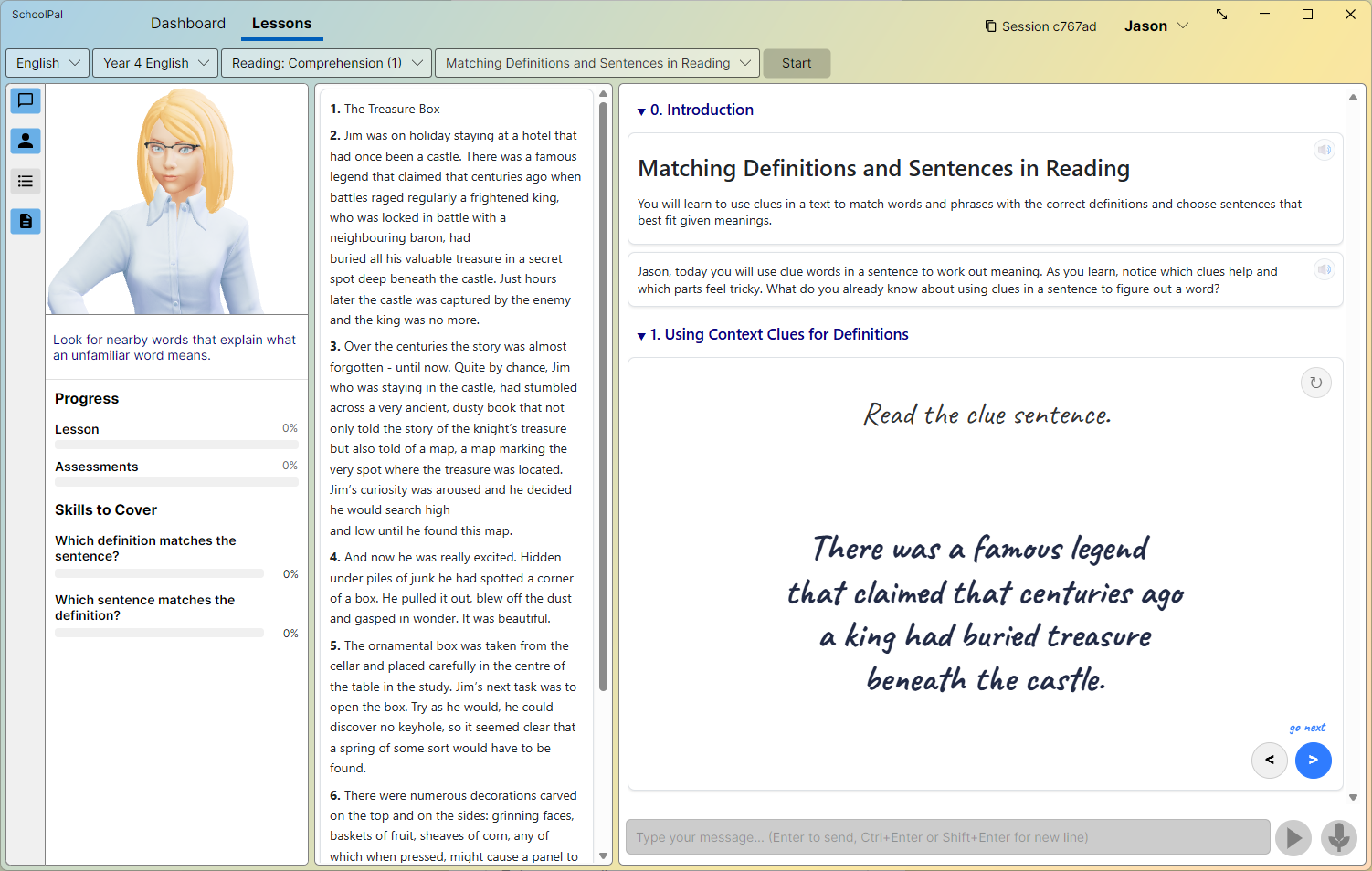 A SchoolPal lesson in progress: the AI avatar tutor on the left, a reading passage on screen, and a handwriting-style whiteboard using clues in the text to work out what an unfamiliar word means.