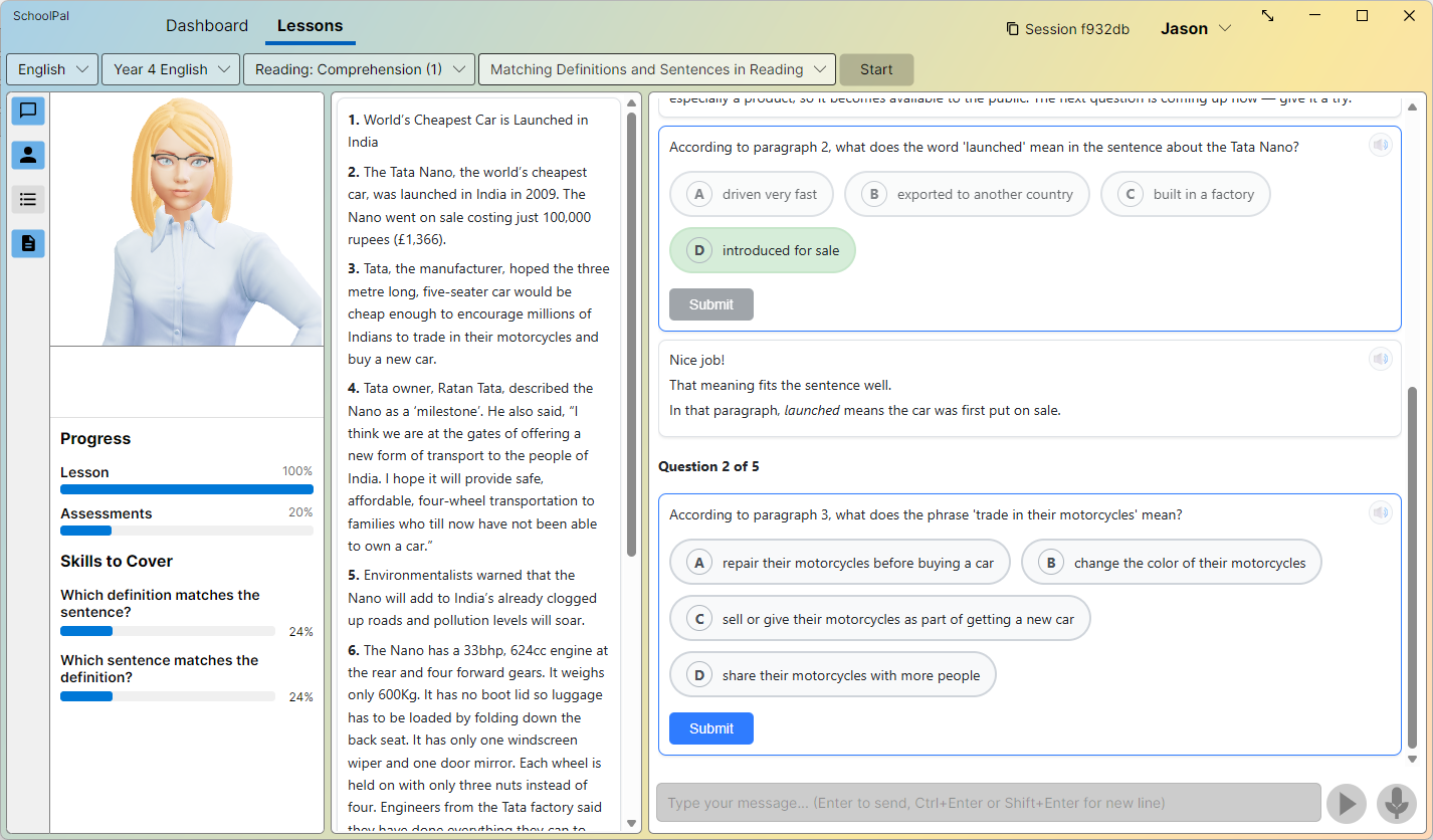 A Year 4 English reading-comprehension assessment: a passage on screen, a multiple-choice question the child has answered correctly, and warm feedback explaining why the answer fits.