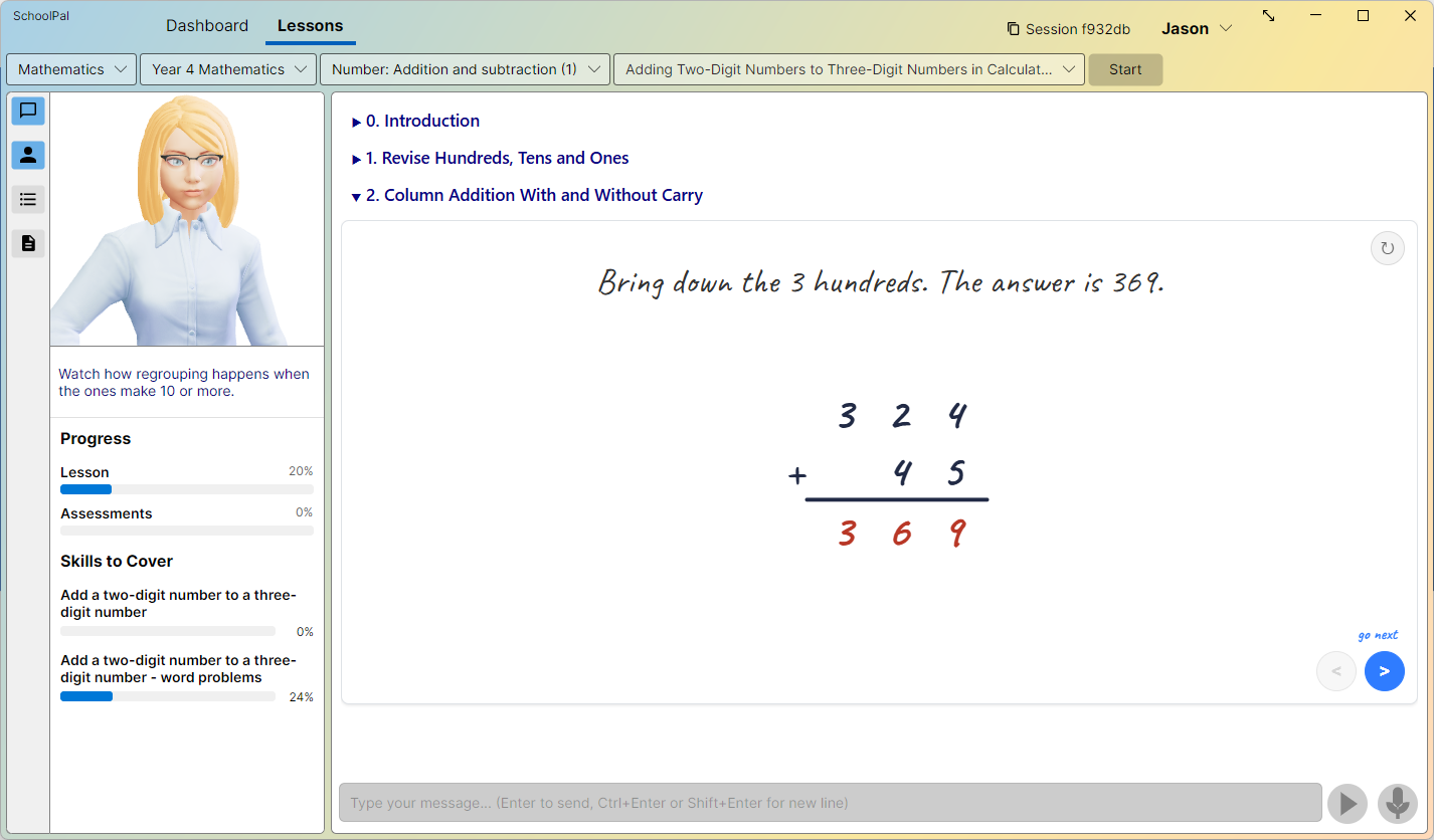 A Year 4 maths lesson: the AI avatar tutor beside a handwriting-style whiteboard working through a column-addition sum step by step.